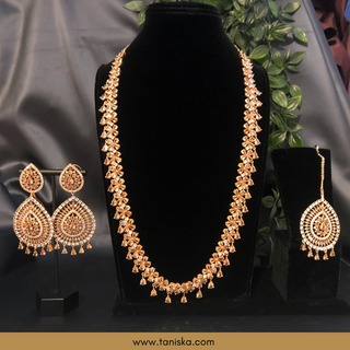 American Diamond Style Cubic Zirconia Long Necklace Set - Rose Gold - Necklace Set