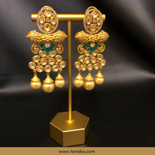 Noor Golden Kundan Earrings with Emerald Green