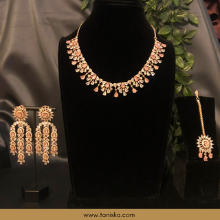 American Diamond Style Necklace Set - Rose Gold / Baby Pink - Necklace Set