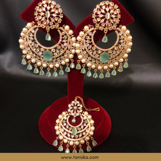 American Diamond Style Earring & Tikka Set - Mint/Rose Gold (Limited Edition)