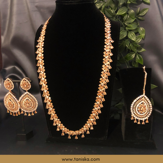 American Diamond Style Cubic Zirconia Long Necklace Set - Rose Gold - Necklace Set