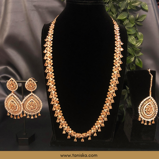 American Diamond Style Cubic Zirconia Long Necklace Set - Rose Gold - Necklace Set