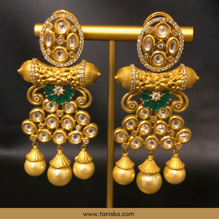 Noor Golden Kundan Earrings with Emerald Green