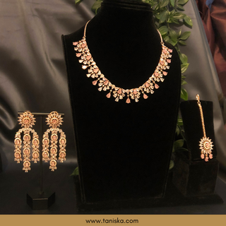 American Diamond Style Necklace Set - Rose Gold / Baby Pink - Necklace Set
