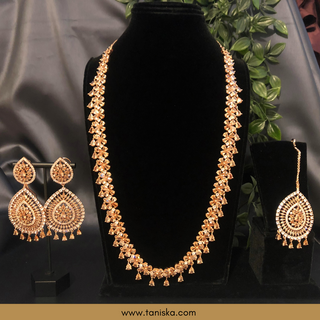 American Diamond Style Cubic Zirconia Long Necklace Set - Rose Gold - Necklace Set