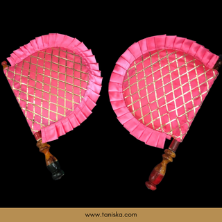 Light Pink Cross Stripes Punjabi Pakhi (Hand Fans) - Pack of 2 - Decorative Hand Fan