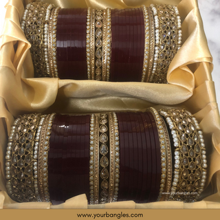 Maroon Royal Pearly Bridal Choora / Bangles Set - Bridal Chura