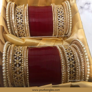 Deep Red/Maroon Toned Bridal Choora / Bangles Set - Bridal Chura