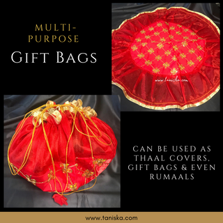1 Red Multi-Purpose DORI RUMAL (Gift Bag Thaal Cover Potli Bag - Perfect for: Indian Wedding Shagan Ceremony Chunni