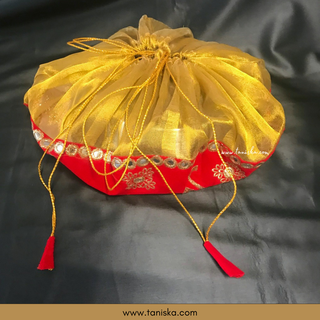 ’Happy Marriage’ - 1 Red Multi-Purpose DORI RUMAL (Gift Bag Thaal Cover Potli Bag - Perfect for: Indian Wedding Shagan