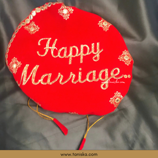 ’Happy Marriage’ - 1 Red Multi-Purpose DORI RUMAL (Gift Bag Thaal Cover Potli Bag - Perfect for: Indian Wedding Shagan