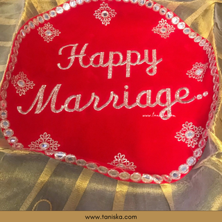 ’Happy Marriage’ - 1 Red Multi-Purpose DORI RUMAL (Gift Bag Thaal Cover Potli Bag - Perfect for: Indian Wedding Shagan