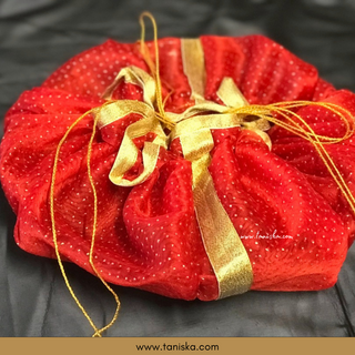 1 Red Multi-Purpose DORI RUMAL (Gift Bag Thaal Cover Potli Bag - Perfect for: Indian Wedding Shagan Ceremony Chunni