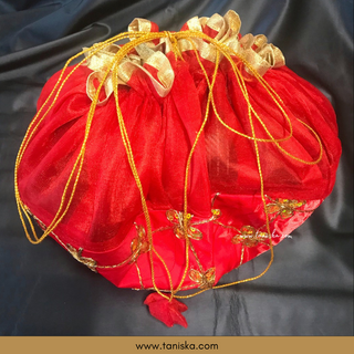 1 Red Multi-Purpose DORI RUMAL (Gift Bag Thaal Cover Potli Bag - Perfect for: Indian Wedding Shagan Ceremony Chunni