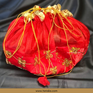 1 Red Multi-Purpose DORI RUMAL (Gift Bag Thaal Cover Potli Bag - Perfect for: Indian Wedding Shagan Ceremony Chunni