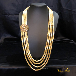 The Regent’s Bloom | Floral Medallion Pearl Mala | Antique Gold 4 Layered Pearl Mens / Groom Mala - Mens Bridal Mala
