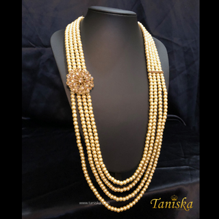 The Regent’s Bloom | Floral Medallion Pearl Mala | Antique Gold 4 Layered Pearl Mens / Groom Mala - Mens Bridal Mala