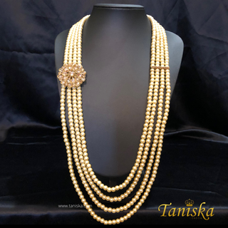 The Regent’s Bloom | Floral Medallion Pearl Mala | Antique Gold 4 Layered Pearl Mens / Groom Mala - Mens Bridal Mala