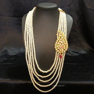 The Rajwada Sovereign | Grand Kundan & Gold Mala | Pearl White Kundan 5 Layered Mens / Groom Mala - Mens Bridal Mala