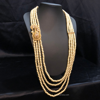 The Nobleman’s Strand | Multi-Layered Pearl Mala with Brooch | Antique Gold 4 Layered Pearl Mens / Groom Mala - Mens