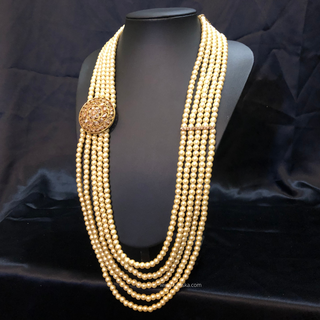 The Dynasty Circle | Grand Seven-Tier Pearl Mala | Antique Gold 5 Layered Pearl Mens / Groom Mala - Mens Bridal Mala