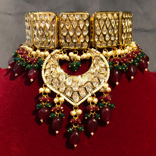 MEHAR Designer Bottle Green/Maroon Kundan Necklace Set - Necklace Set