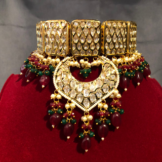 MEHAR Designer Bottle Green/Maroon Kundan Necklace Set - Necklace Set