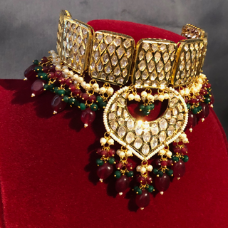 MEHAR Designer Bottle Green/Maroon Kundan Necklace Set - Necklace Set