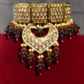MEHAR Designer Bottle Green/Maroon Kundan Necklace Set - Necklace Set