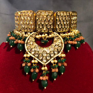 MEHAR Designer Bottle Green/Peach Kundan Necklace Set - Necklace Set