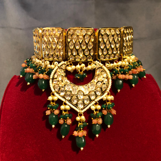 MEHAR Designer Bottle Green/Peach Kundan Necklace Set - Necklace Set