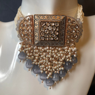 ISHANA Grey Uncut-Kundan Necklace/Choker Set - Necklace Set