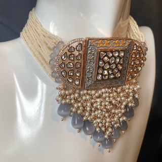 ISHANA Grey Uncut-Kundan Necklace/Choker Set - Necklace Set