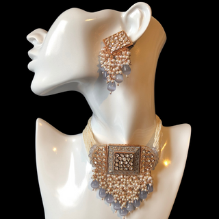 ISHANA Grey Uncut-Kundan Necklace/Choker Set - Necklace Set