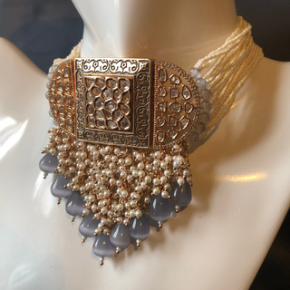 ISHANA Grey Uncut-Kundan Necklace/Choker Set - Necklace Set