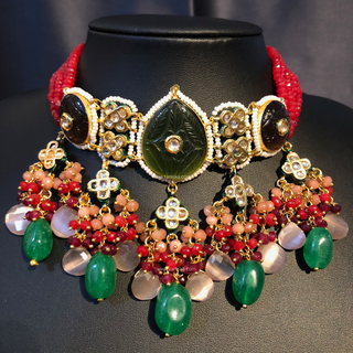 ZOYA Emerald/Red/Peach Combo Kundan Necklace Set - Necklace Set