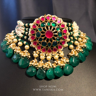 DEEPIKA Emerald Green / Hot Pink Pachi Kundan Necklace Set - Necklace Set