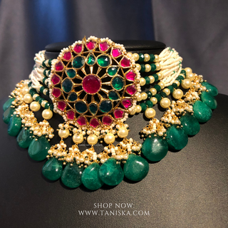 DEEPIKA Emerald Green / Hot Pink Pachi Kundan Necklace Set - Necklace Set