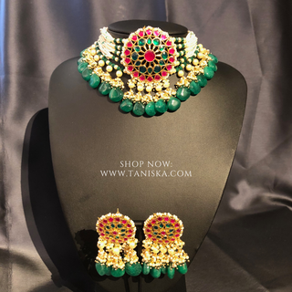 DEEPIKA Emerald Green / Hot Pink Pachi Kundan Necklace Set - Necklace Set
