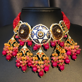 ZOYA Pink/Orange Combo Kundan Necklace Set - Necklace Set