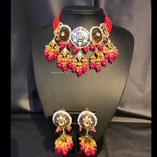 ZOYA Pink/Orange Combo Kundan Necklace Set - Necklace Set