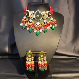 ZOYA Emerald/Red/Peach Combo Kundan Necklace Set - Necklace Set