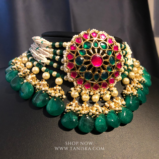 DEEPIKA Emerald Green / Hot Pink Pachi Kundan Necklace Set - Necklace Set
