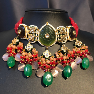 ZOYA Emerald/Red/Peach Combo Kundan Necklace Set - Necklace Set