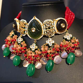ZOYA Emerald/Red/Peach Combo Kundan Necklace Set - Necklace Set