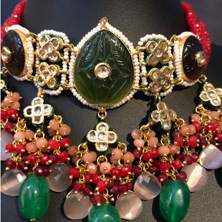 ZOYA Emerald/Red/Peach Combo Kundan Necklace Set - Necklace Set