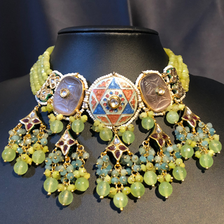ZOYA Mint/Turquoise/Grey Combo Kundan Necklace Set - Necklace Set