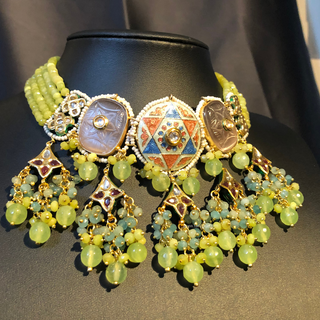ZOYA Mint/Turquoise/Grey Combo Kundan Necklace Set - Necklace Set