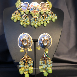 ZOYA Mint/Turquoise/Grey Combo Kundan Necklace Set - Necklace Set