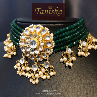 ANAYAT Dark Bottle Green Pachi Kundan Necklace Set - Necklace Set